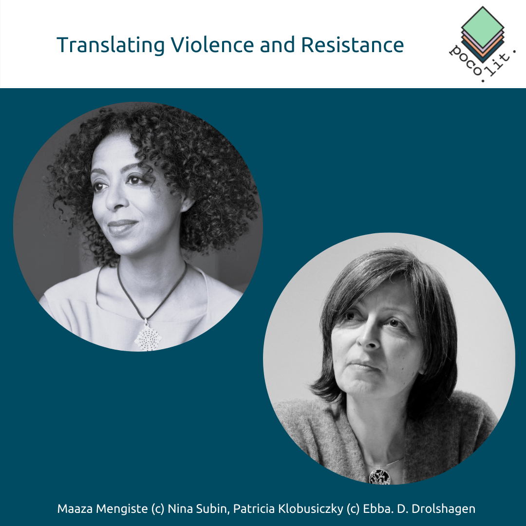 Veranstaltung mit Maaza Mengiste und Patricia Klobusiczky "Translating Violence and Resistance", Fotos der beiden Sprecher*innen auf einem dunkelblauen Hintergrund