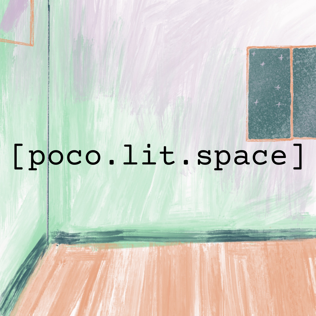 an image of a room, through the window one can see stars in the sky. In black letters, it says poco.lit. space on the image