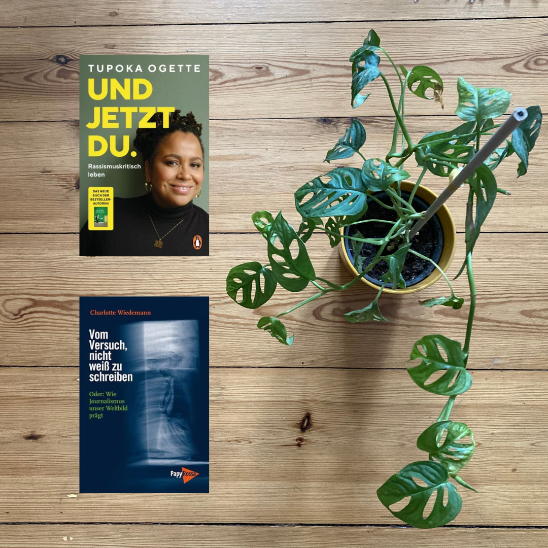 eine Pflanze und die Bücher Und jetzt du von Tupoka Ogette und Vom Versuch nicht weiß zu schreiben von Charlotte Wiedemann. Holzdielen im Hintergrund